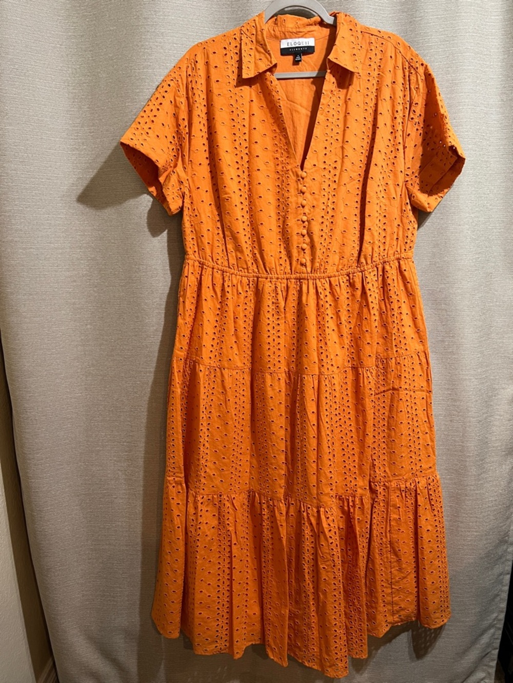 ELOQUII Elements Orange Cotton Eyelet Tiered Midi Dress Size 16 Boho Cottagecore